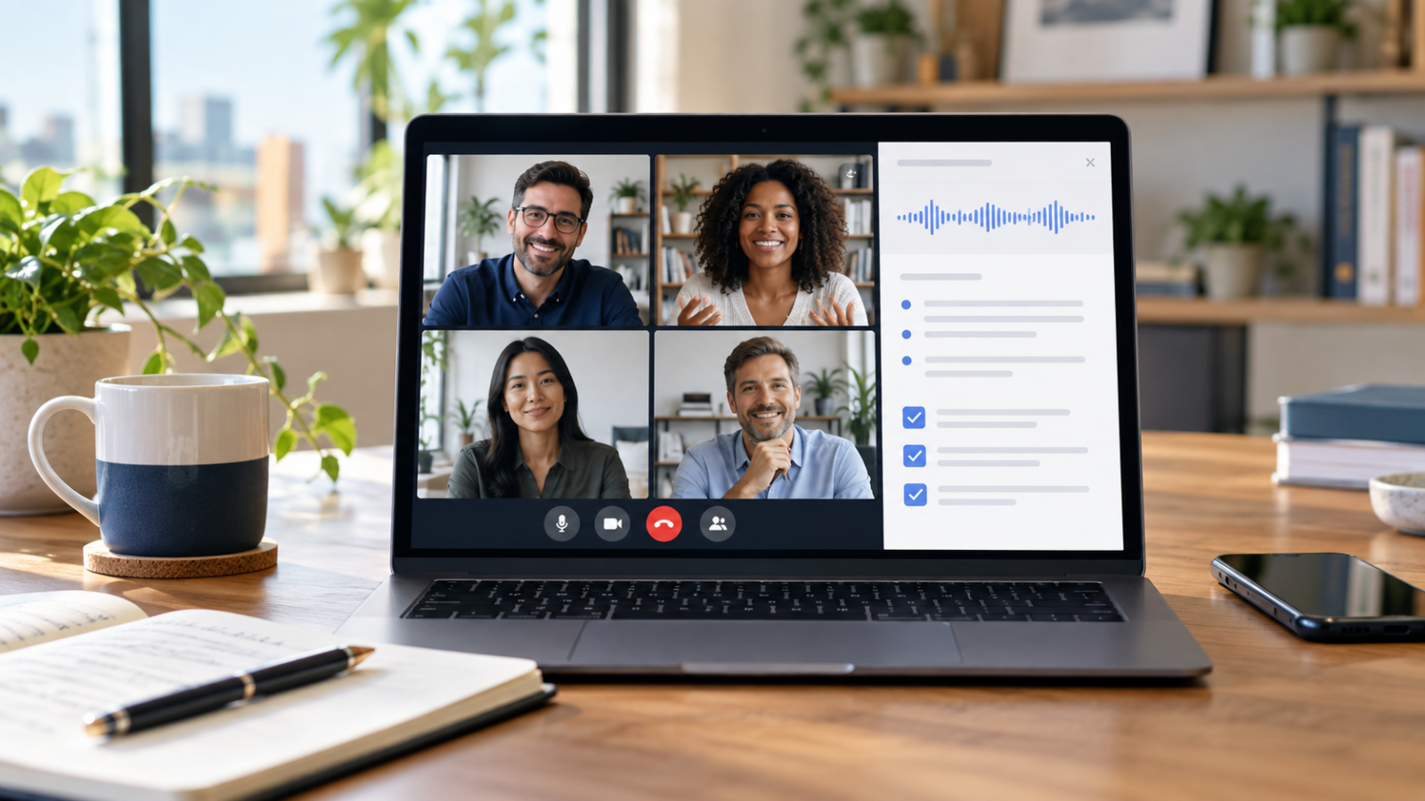 Laptop displaying a small-business video meeting alongside AI transcription and action-item notes.